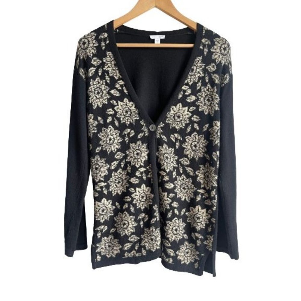 J. Jill Single Button Cotton Blend Black Tan Cardigan Sweater V-Neck Size XS
